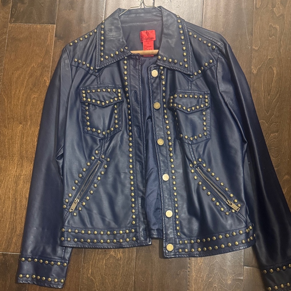 V Cristina Navy Jacket with Gold Studs